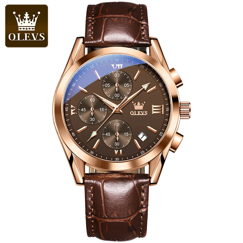 OLEVS 2872 kronografarmbandsur för män – Läderarmband, vattentätt, självlysande visare, kvartsverk, lyxig sportstil