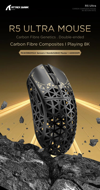 ATTACK SHARK R5 Tri-mode Ultra Wireless Gaming Mouse Carbon Fiber 8K, PAW3950MAX, 8000Hz Wireless Polling Rate, DPI up to 42000