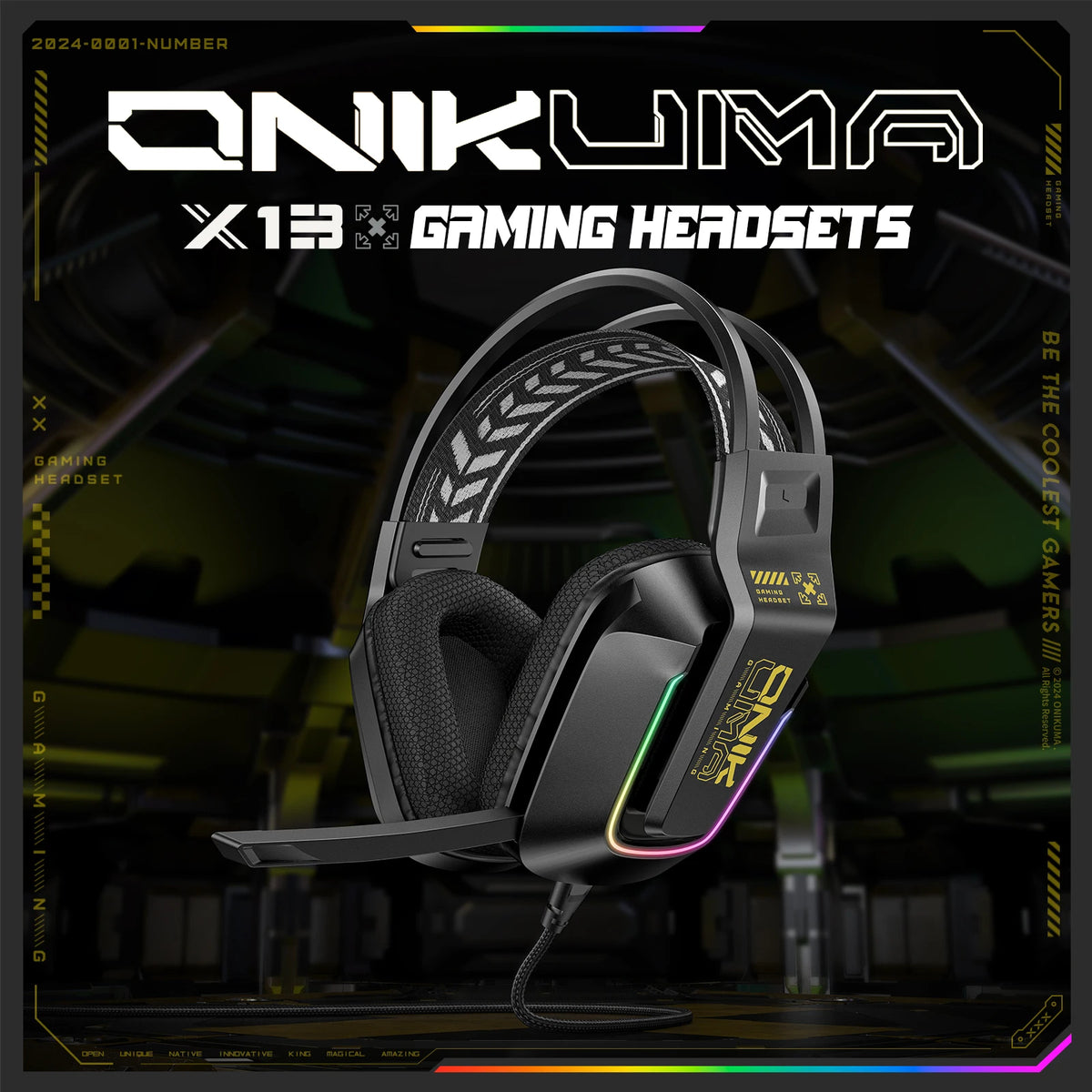 ONIKUMA-Casque de jeu filaire X13 avec éclairage coloré RVB, écouteurs filaires, écouteurs supra-auriculaires, lumière RVB légère