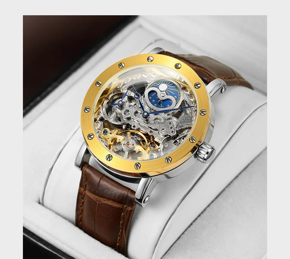 SKROX vyriškas automatinis mechaninis rankinis laikrodis, skeleto modelis su GMT funkcija, mėnulio fazėmis ir turbiljonu – prabangus, aukščiausios klasės, elegantiškas ir originalus laikrodis.