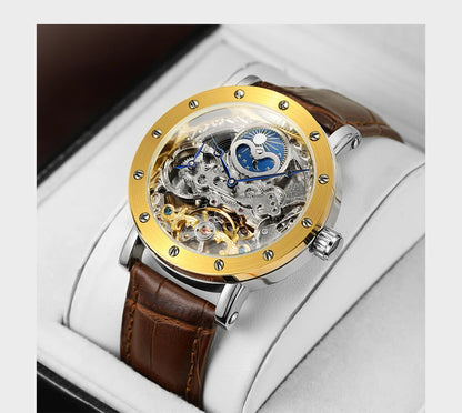 SKROX vyriškas automatinis mechaninis rankinis laikrodis, skeleto modelis su GMT funkcija, mėnulio fazėmis ir turbiljonu – prabangus, aukščiausios klasės, elegantiškas ir originalus laikrodis.