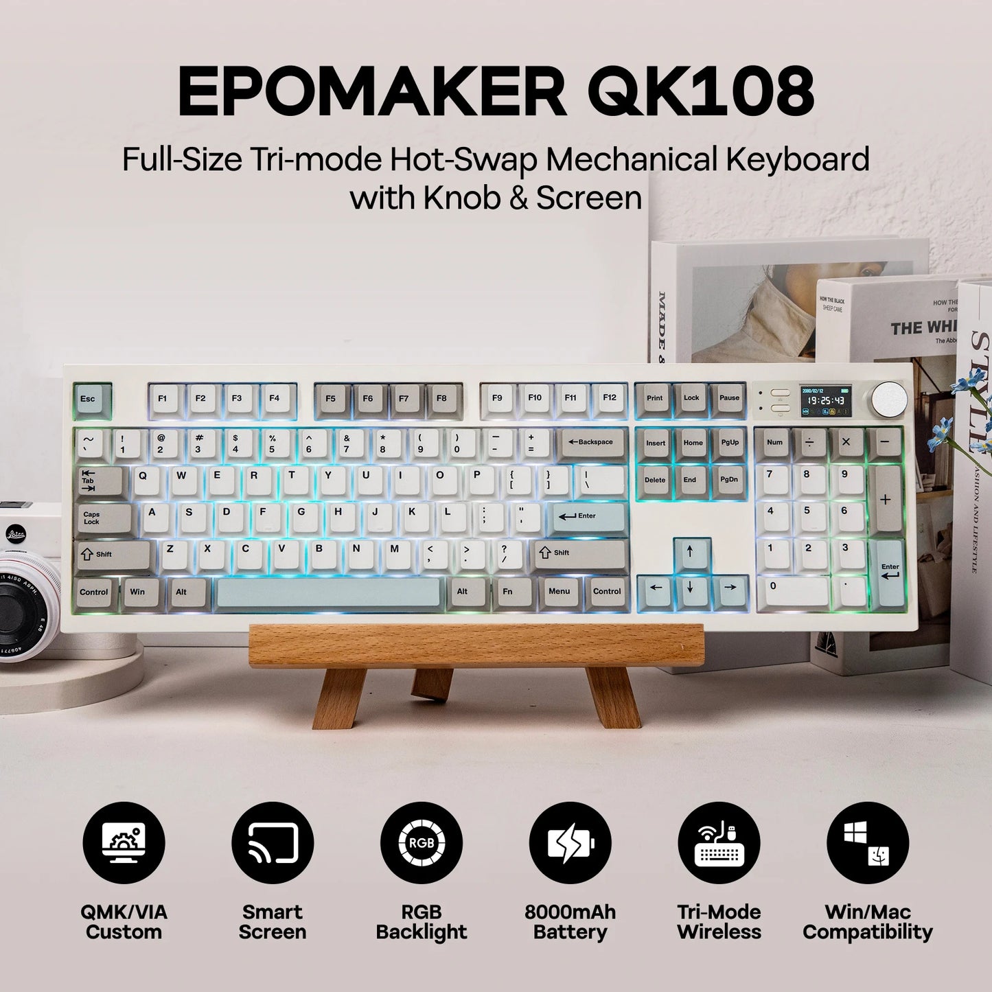 EPOMAKER QK108 QMK/VIA Full-Sized ANSI US Layout Wired/BT/2.4Ghz Wireless Mechanical Keyboard RGB Backlight with 8000mAh Battery