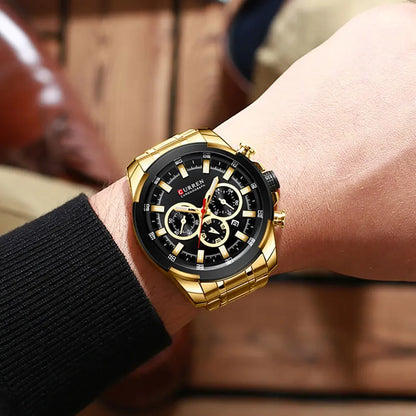 CURREN kronografur til mænd, stor urskive på 48 mm, armbånd i rustfrit stål, tre subskiver, sportsarmbåndsur med kvartsværk, luksuriøs stil