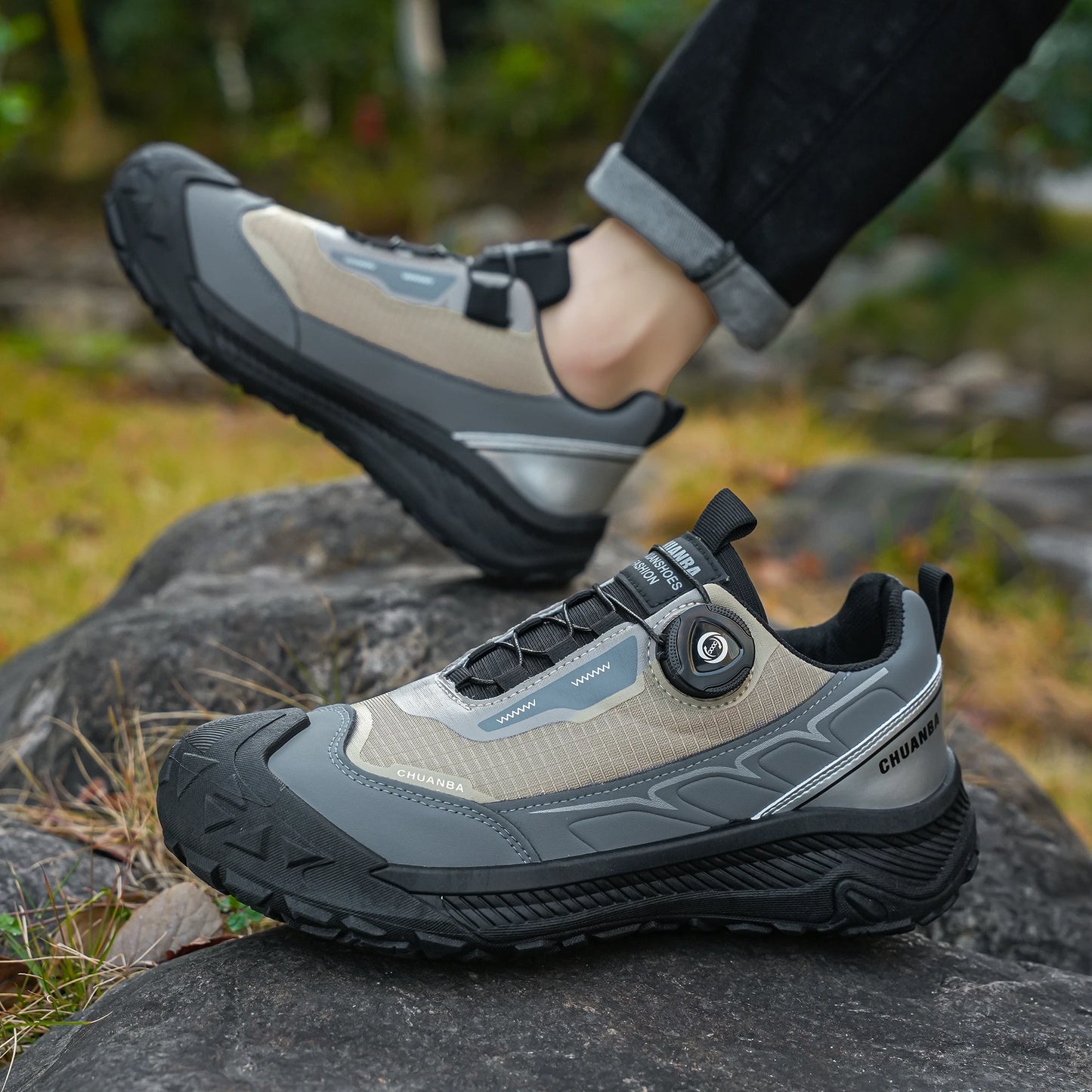 Men's Lightweight Casual Shoes Outdoor Running Shoes in Black Grey Khaki Sizes 39-48 PU Material with Canvas