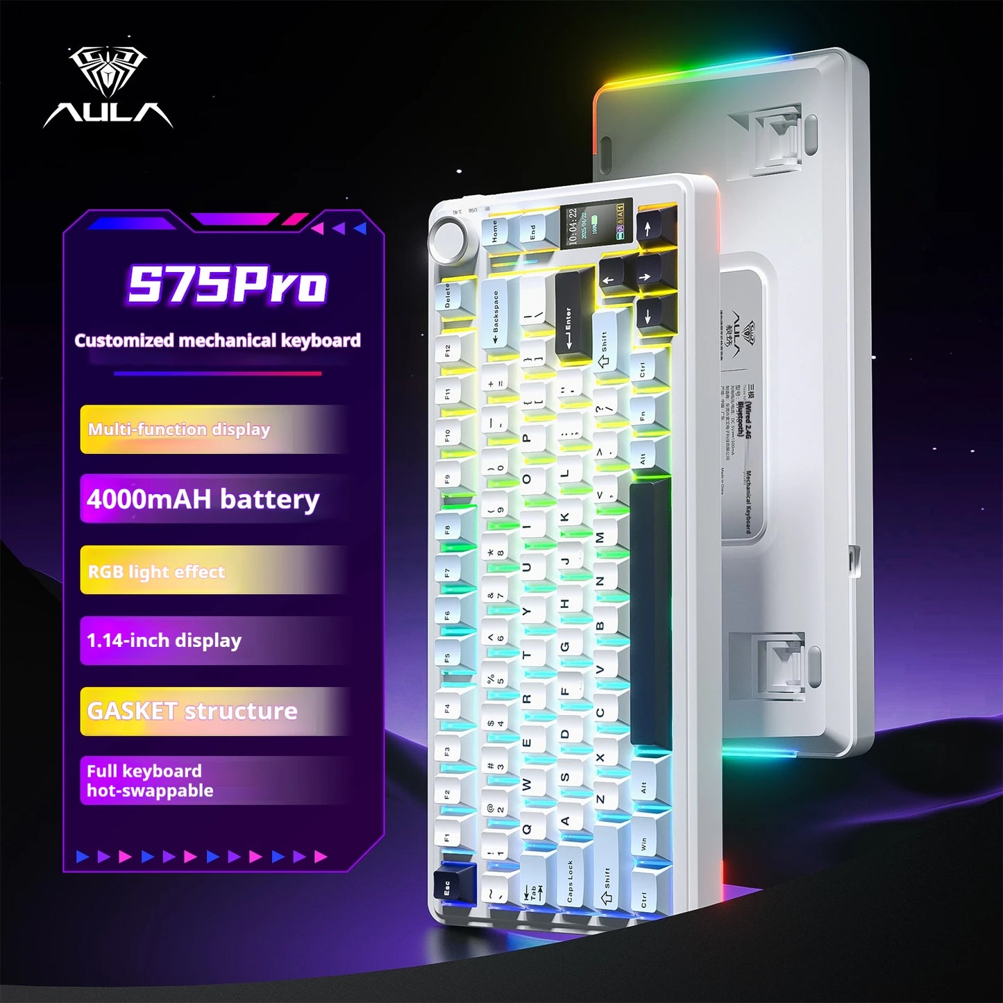 Tastiera meccanica AULA S75 PRO 75% layout personalizzato, retroilluminazione RGB, wireless Bluetooth, tastiera da gaming con schermo e manopola