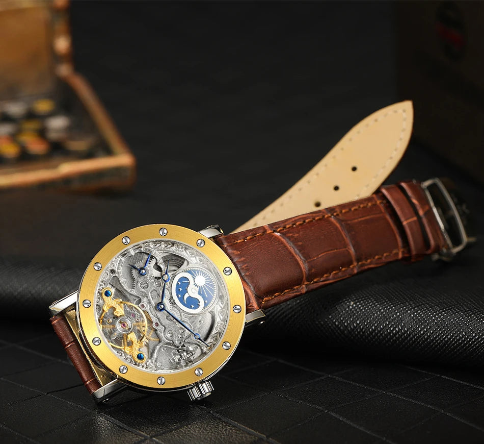 SKROX vyriškas automatinis mechaninis rankinis laikrodis, skeleto modelis su GMT funkcija, mėnulio fazėmis ir turbiljonu – prabangus, aukščiausios klasės, elegantiškas ir originalus laikrodis.