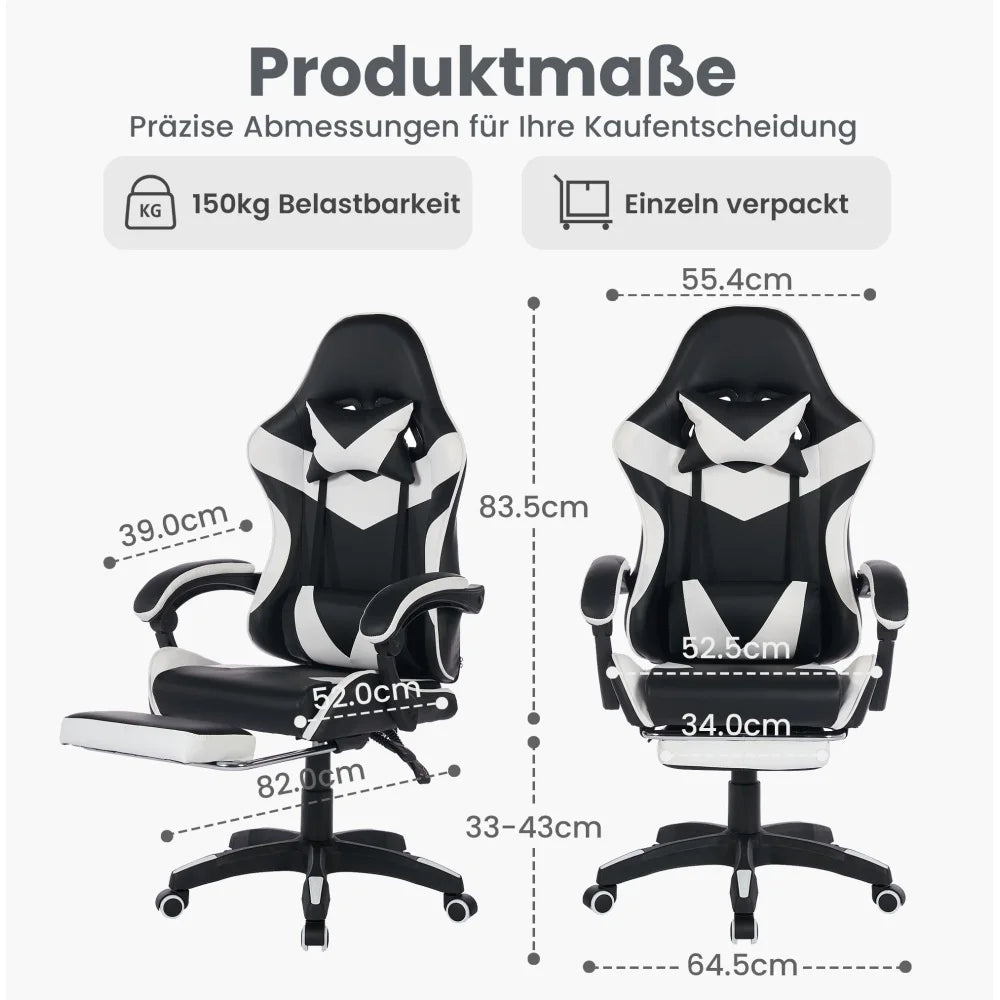 360° Swivel Ergonomic Racing Design Gaming Chair Leather High Back Office Chair Height Adjustable Task Chair, Black & White