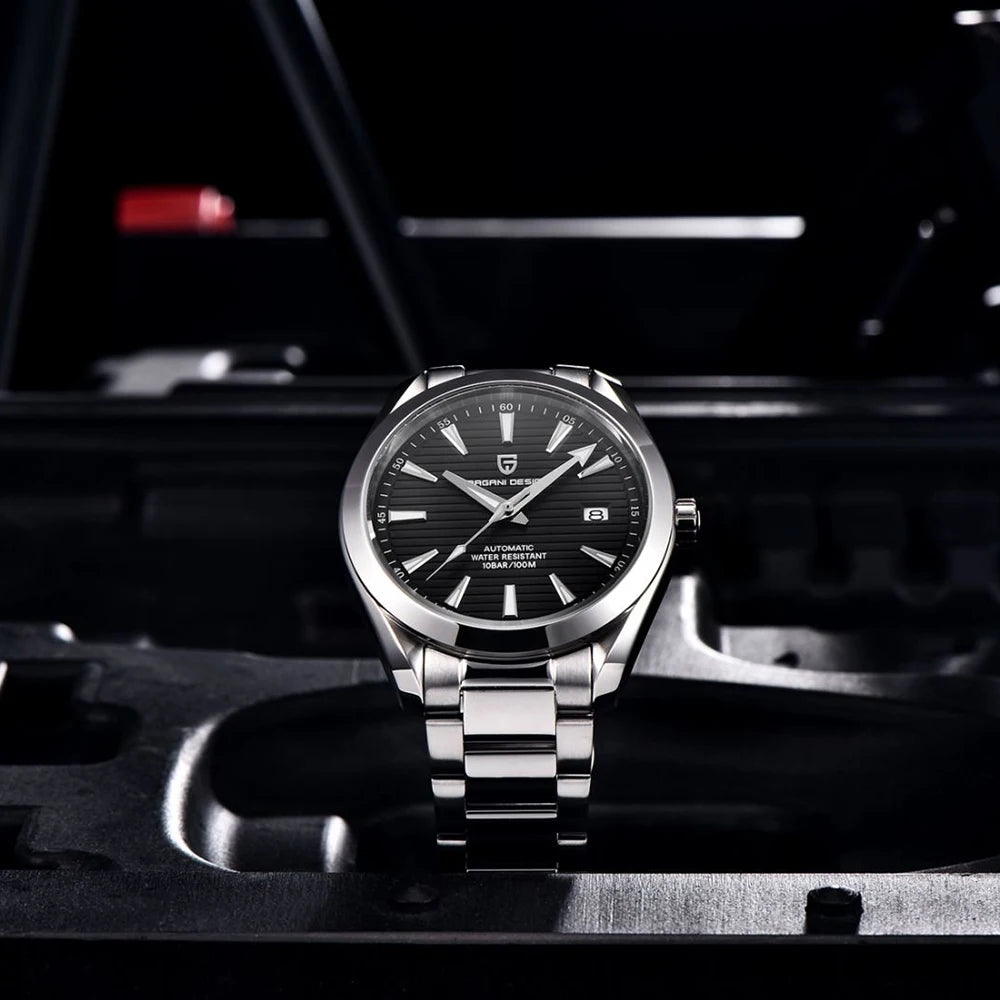 Luxusuhr für Herren von PAGANI DESIGN – Mechanisches Automatikmodell (Kaliber 8215), aus Edelstahl, wasserdicht, mit Datumsanzeige und leuchtenden Zeigern