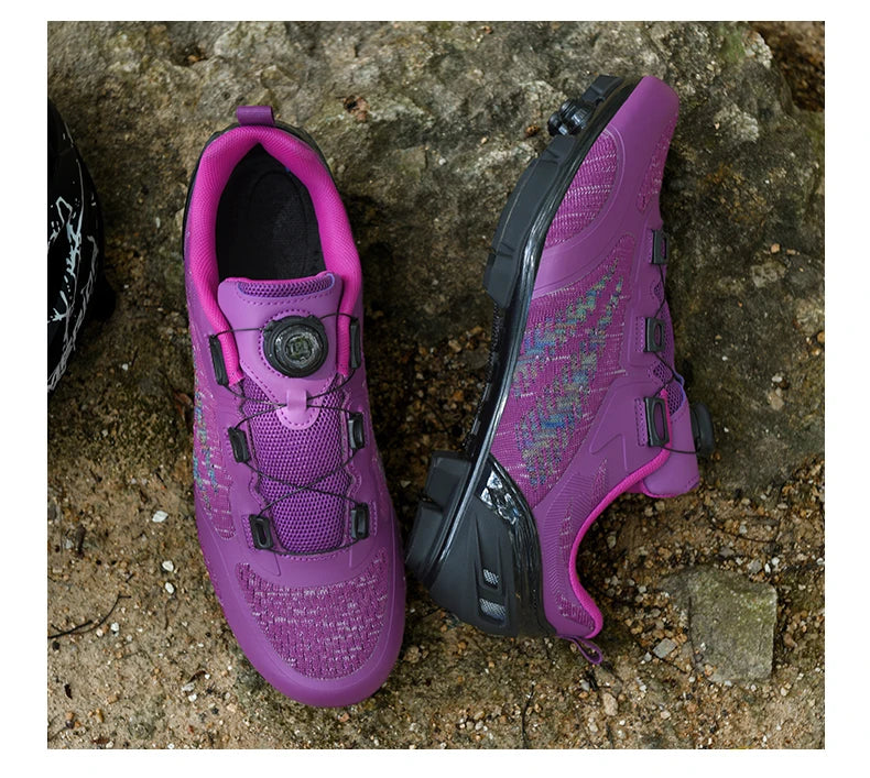 Sapatos de ciclismo MTB para homem e mulher T03 roxos respiráveis, de velocidade, autoblocantes, para ciclismo de estrada, corrida ao ar livre e treino