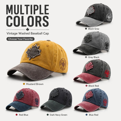 Casual Washed Denim Look Maple Leaf Patch Cap Adjustable Two Tone Outdoor Sport Baseball Hat for Daily Wear