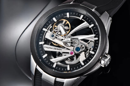 Herrklocka från PAGANI DESIGN – Mekanisk automatisk lyxmodell av typen ”skelett” (öppen mekanism), utrustad med en tourbillon, safirglas med antireflexbehandling, vattentät och självlysande.