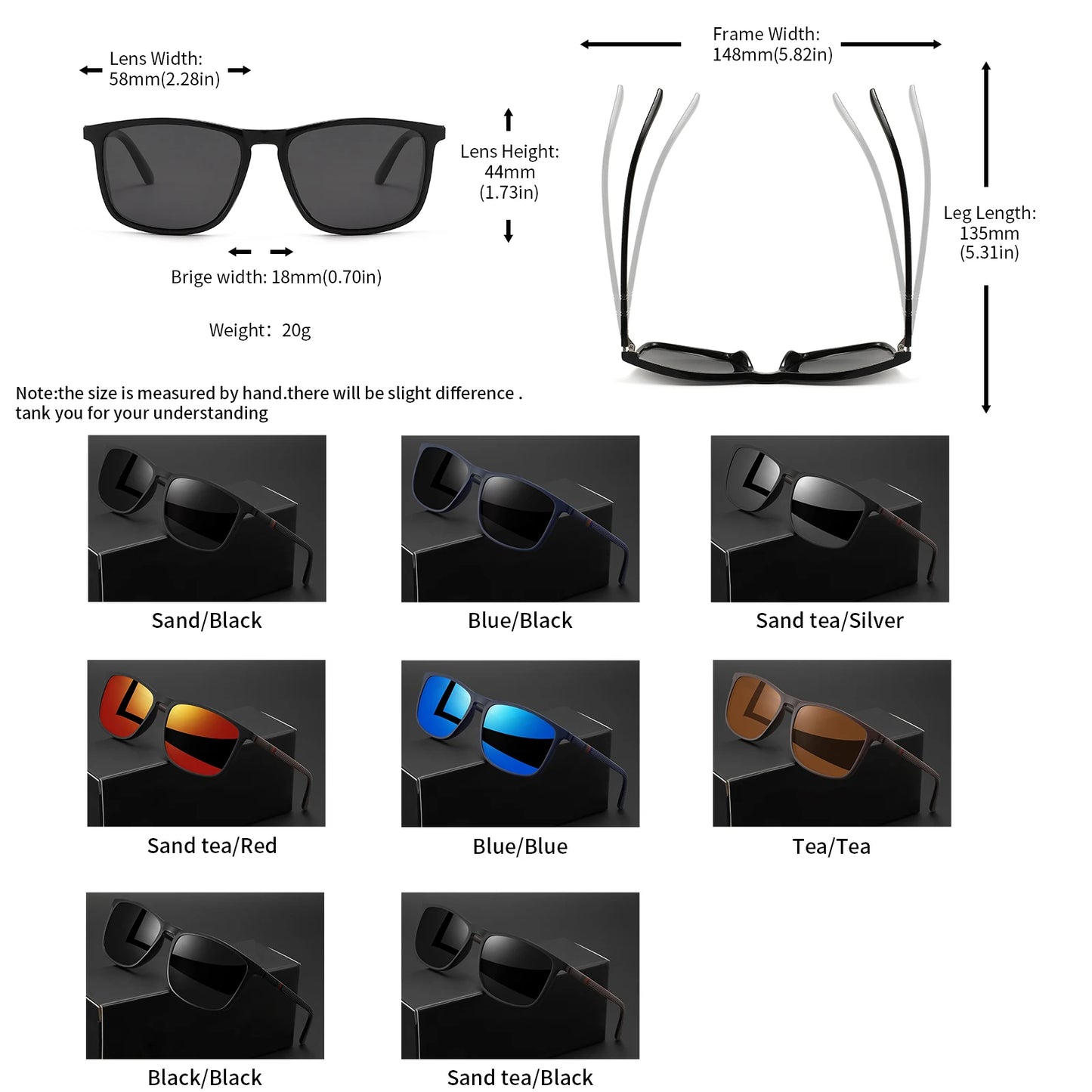Classic Fashion Square Sunglasses - Lightweight Frame with Red/Green Stripe Temples, UV400 for Travel & Daily Wear