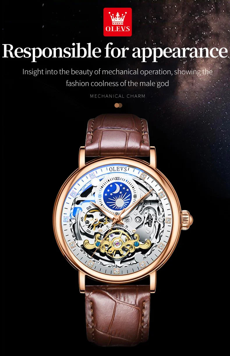 OLEVS Skeleton Watches Mechanical Automatic Watch Men Tourbillon Sport Clock Casual Business Moon Wrist Watch Relojes Hombre