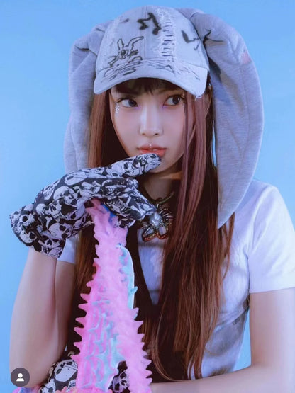 New MinJi Haerin OMG Stage Long Rabbit Ear Hat Y2K Style Denim Blue Baseball Cap Fashion Hip-Pop Cap Couple Birthday Gifts