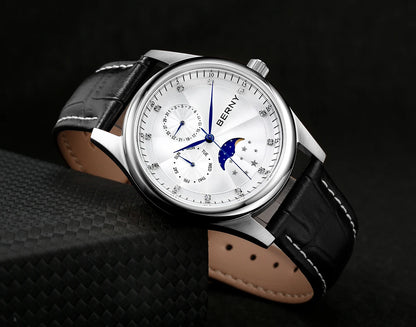 BERNY Men's Watch Date Weeks Moon Phase Quartz Watches for Men Stainless Steel Leather Strap Business Wristwatch Male Clock