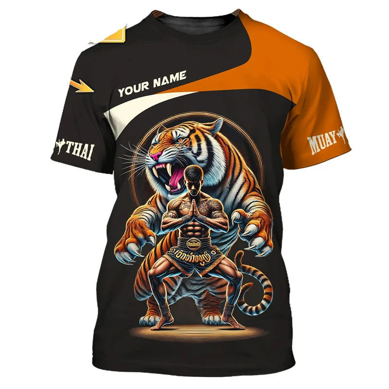 Μοντέρνο νέο γραφικό T-shirt Muay Thai για άνδρες, 3D εκτύπωση με γραφικό τίγρης και δράκου, προσωποποιημένο με όνομα, καλοκαιρινό T-shirt για γυμναστήριο και fitness