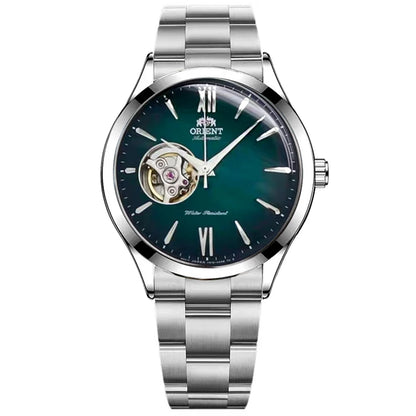 Orient Men's Automatic Open Heart Watch Blue Dial Stainless Steel Band Casual Dress Wristwatch 30M Water Resistant Fashion Watch