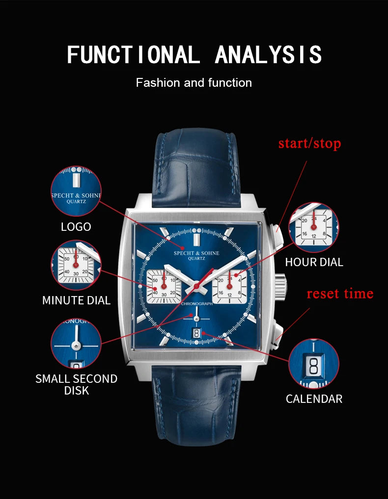 Specht&Sohne Men's Watch Luxury Brand Waterproof Stainless Steel Leather Japan VK Multifunctional Quartz Watch