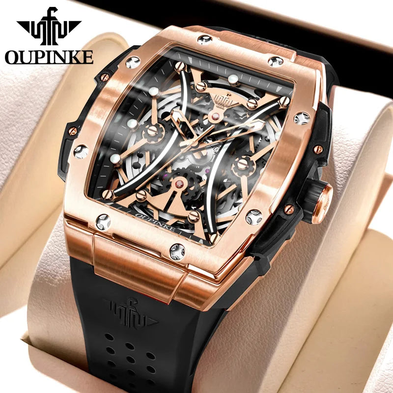 Reloj OUPINKE para hombre, clásico de lujo, esfera tonneau, marca premium original, movimiento mecánico automático, correa de silicona, cristal de zafiro, nuevo