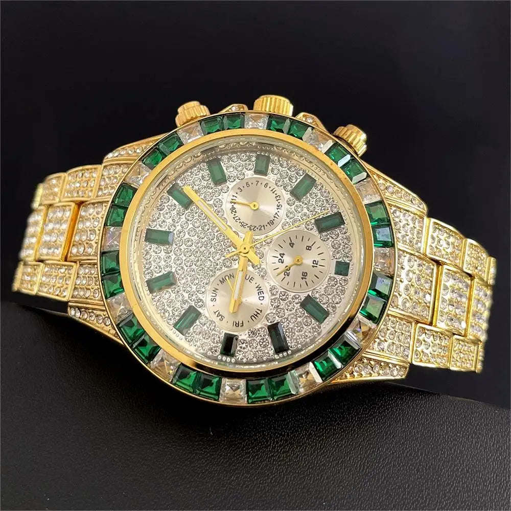 Hot Sell Luxury Green Iced Watch For Men Fashion Stainless steel Quartz Wristwatch Hip Hop Rainbow Diamond AAA Watches Man Reloj