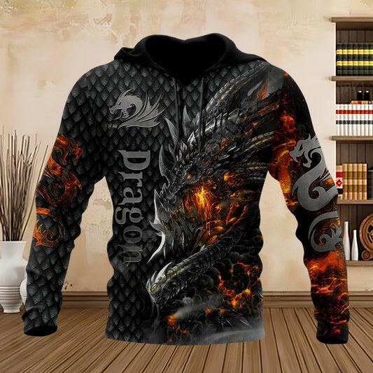Sweatshirts com Dragão Tatuado, Estampado 3D, para Primavera e Outono, Hoodies com Capuz para Homem, Manga Comprida, Unissexo, Streetwear Casual para Homem
