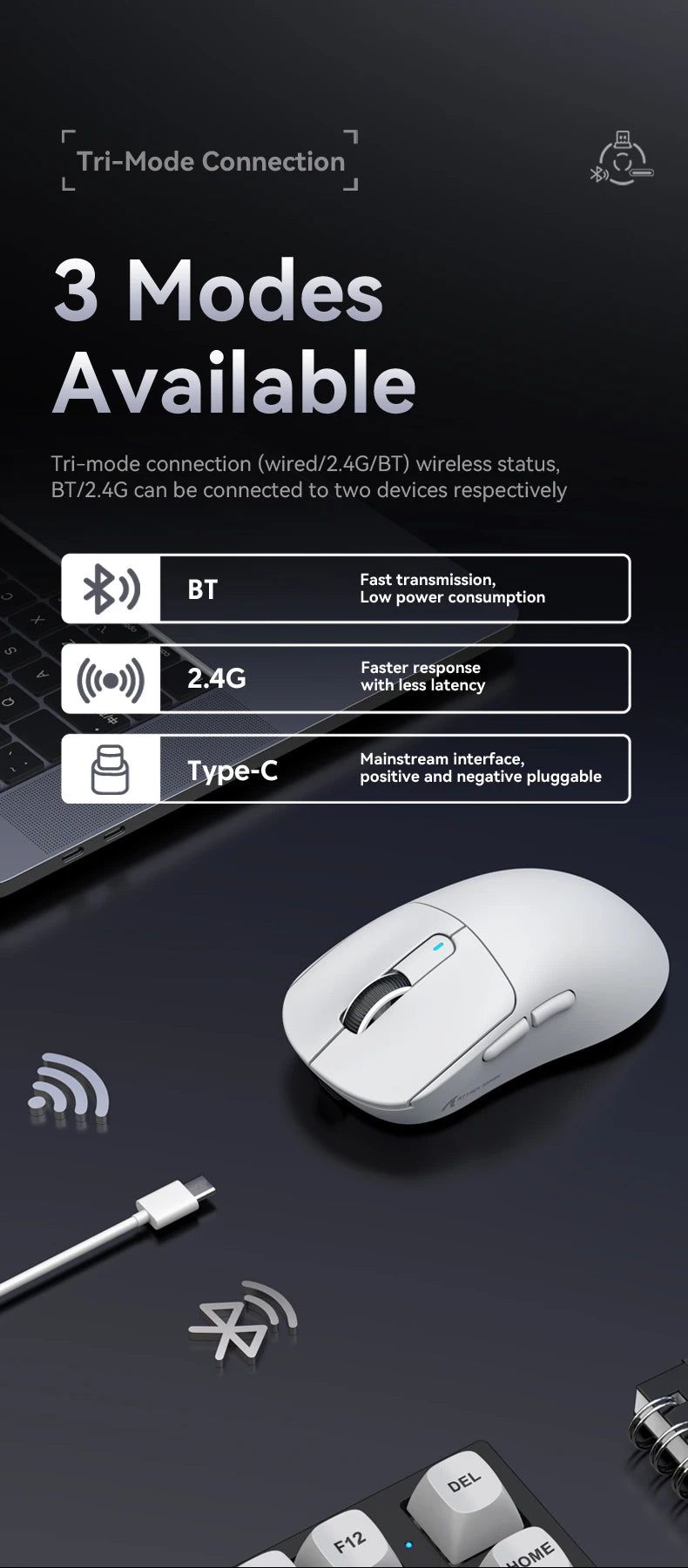 Bezdrátová herní myš X3 ATTACK SHARK v červené barvě, 4K návratnost, Bluetooth tri-mode připojení, PAW3395, makro Bluetooth herní myš
