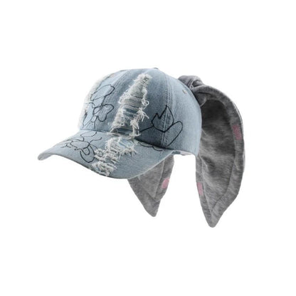 Celebrity-Inspired Niche Rabbit Ear Denim Ripped Baseball Cap Washed Graffiti Hip-Hop Sun Hat Trendy Cap