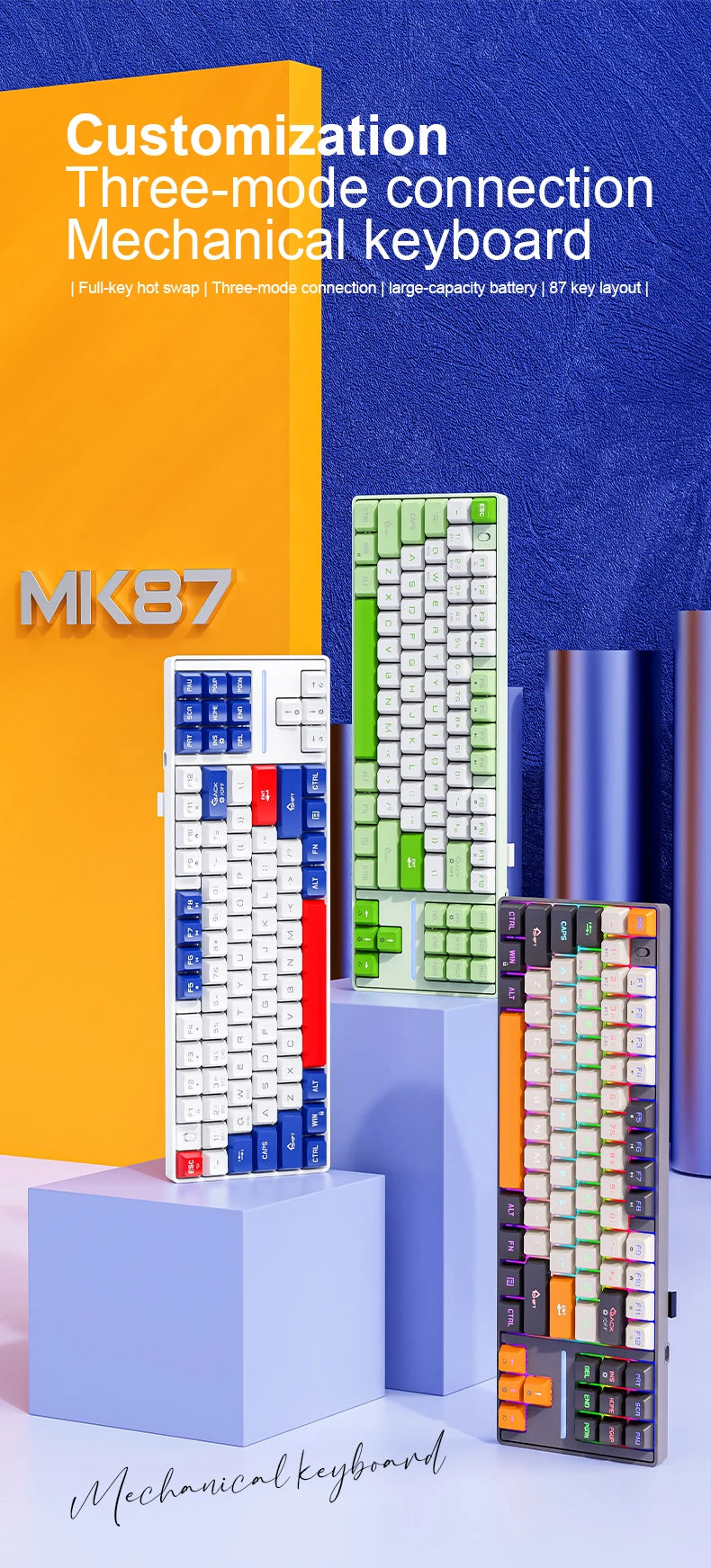 Teclado mecánico inalámbrico Bluetooth SMAILWOLF MK87 para gaming e-sports, teclas completas, hot-swap, teclado personalizable