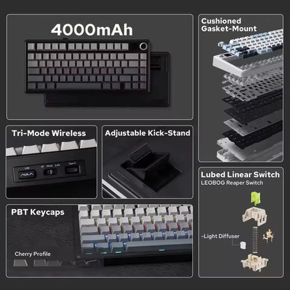 Teclado Mecânico Gaming AULA F75 MAX 2.4G Sem Fios/BT/Com Fio Hot-Swap RGB 75% 81 Teclas Teclado de Escritório com Ecrã TFT