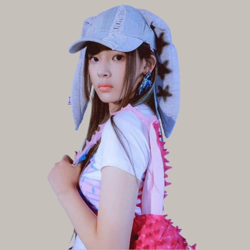 Celebrity-Inspired Niche Rabbit Ear Denim Ripped Baseball Cap Washed Graffiti Hip-Hop Sun Hat Trendy Cap