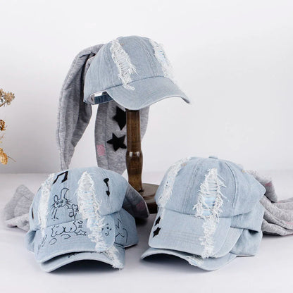 New MinJi Haerin OMG Stage Long Rabbit Ear Hat Y2K Style Denim Blue Baseball Cap Fashion Hip-Pop Cap Couple Birthday Gifts