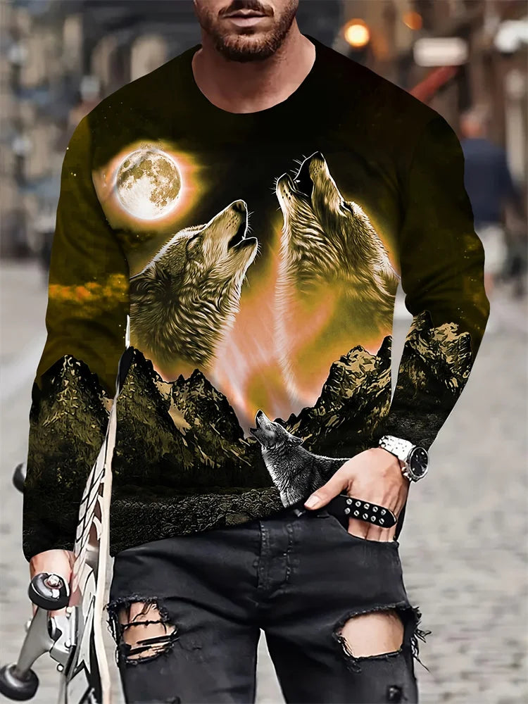 2024 Neues Herren-Langarmshirt mit Wolf-Print – lässiges Herren-Shirt für Frühling und Herbst, Street-Fashion-Langarmshirt