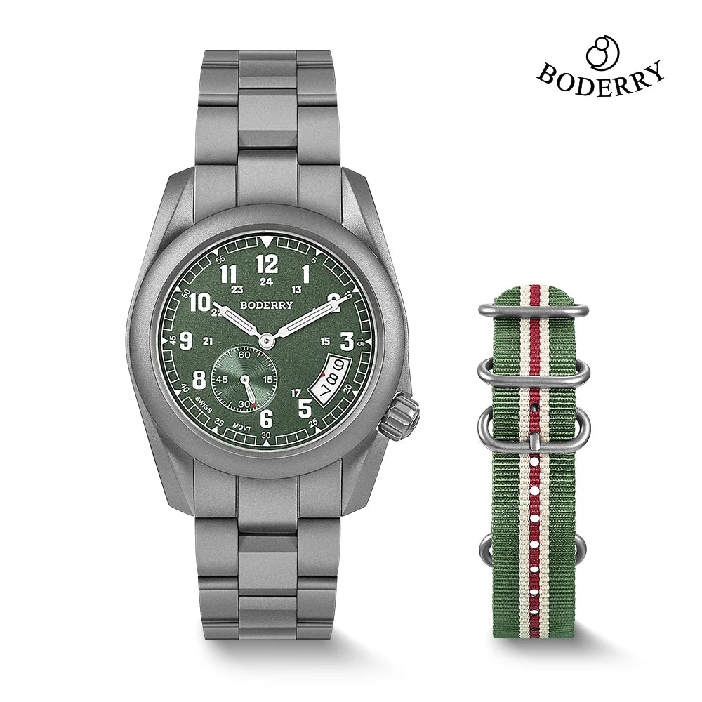 Boderry Field Watch Titanium Quartz Watches VOYAGER 38 Mens 100M Waterproof Clock Military Sport Luminous Business Wristwatch
