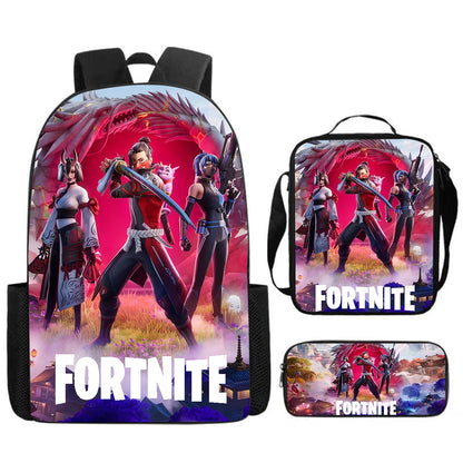 Set Fortnite Cartoon de 3 piezas, gran capacidad, adecuado para niños y niñas de 5 a 8 años, incluye mochila, bolsa para comida y estuche para lápices