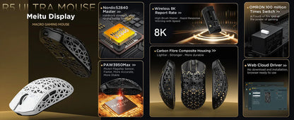 Rato Gaming Sem Fios ATTACK SHARK R5 Ultra 8K em Fibra de Carbono com Sensor 42000 DPI-PAW3950 MAX — ultraleve de 39g para Win/Mac