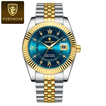 POEDAGAR herenhorloge – Luxe model, waterdicht, van roestvrij staal, met lichtgevende wijzerplaat, militaire stijl, datumfunctie, quartz uurwerk, ideaal voor op het werk of bij zakelijke gelegenheden.