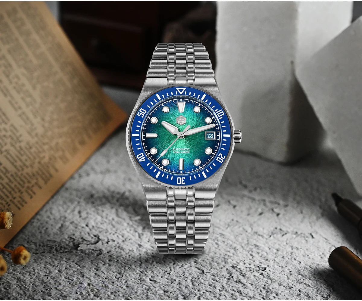 Relógio de mergulho de luxo para homem San Martin 40mm Miyota 9015, mostrador em esmalte sunburst, relógio de pulso mecânico automático, resistente à água 200m, SN0148