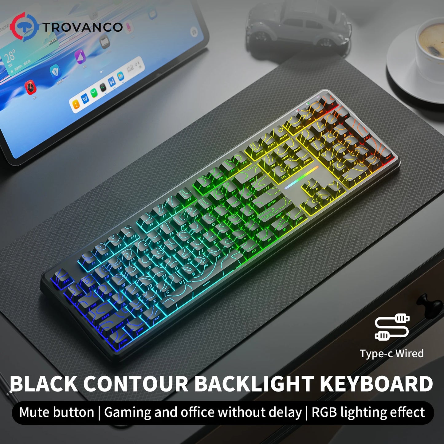 V108 Pro Bluetooth Keyboard  Office Low Noise 2.4G Wired&Wireless Full Layout with RGB Backlit Membrane
