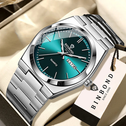 Montre-bracelet à quartz de luxe BINBOND, lumineuse, étanche, jour de la semaine, date automatique, bracelet en acier, style business, sport, mode et décontracté.