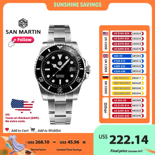 Relógio San Martin New Upgraded Sub para homem PT5000 ST2130, relógio de mergulho automático com luneta em cerâmica, resistente à água até 200m, safira SN0017G