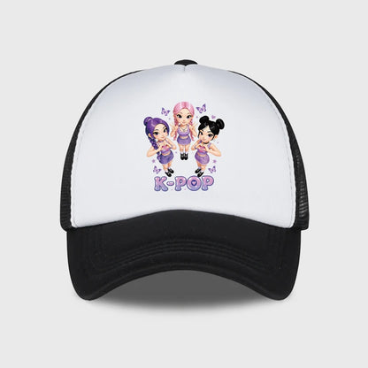 K-POP Cute Cartoon Girl Group Print Sponge Mesh Cap | Unisex Adjustable Mesh Baseball Cap | Y2K K-Pop Fan Street Style Sun Hat