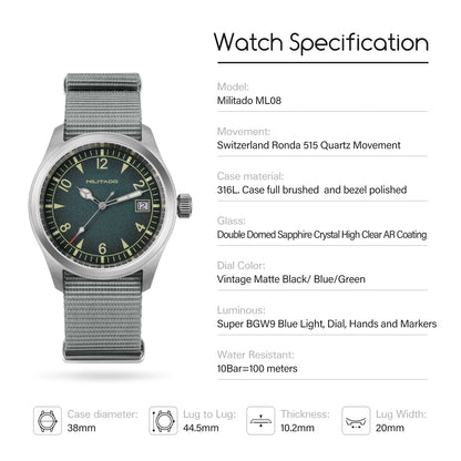 Militado  ML18 36mm Men Watch VH31 Quartz Movement Watches Luminous Sapphire Double Domed Crystal Waterproof Vintage Wristwatch