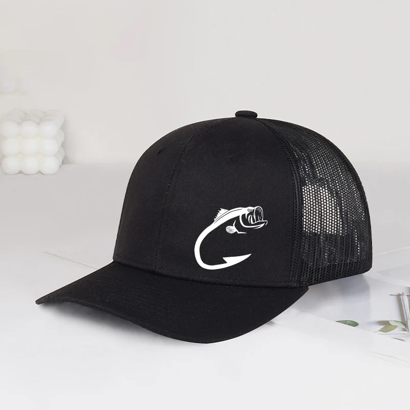 Bass Fish Hook Print Trucker Hat Podesiva uniseks kapa s mrežicom za pecanje, ventilator i sunce
