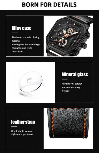 CRRJU Fashion Square Dial Leather Mens Watches Luxury Sport Waterproof Watch Man Chronograph Quartz WristWatches Homme+Box