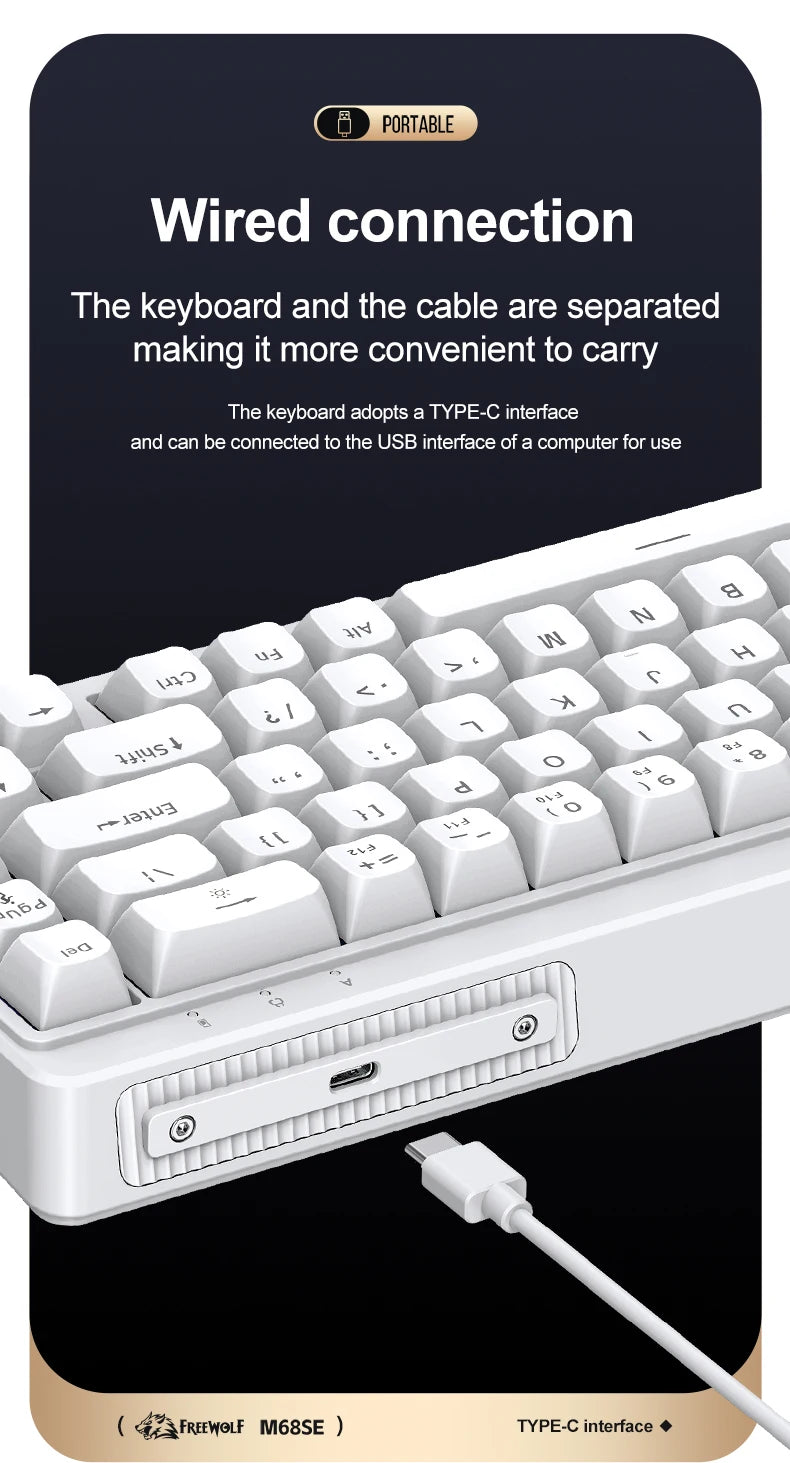 FREEWOLF M68SE tastiera mini cablata a 68 tasti, retroilluminazione RGB, Type-C, layout 68%, compatta, per gaming, ufficio, PC e laptop
