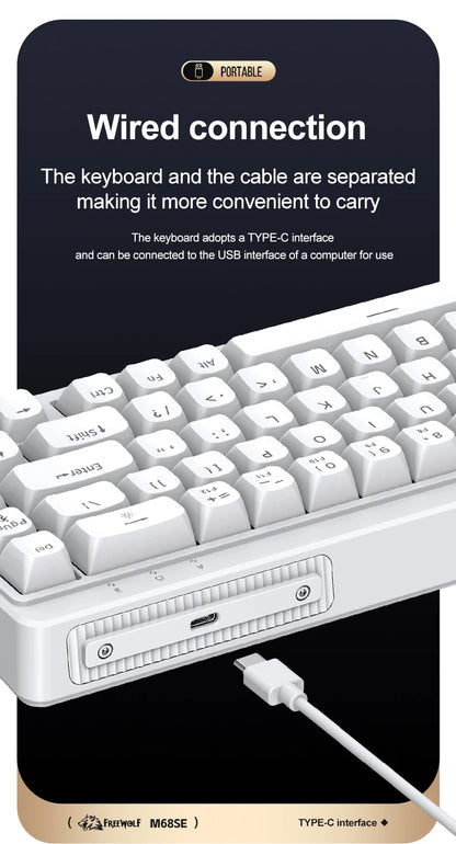 FREEWOLF M68SE tastiera mini cablata a 68 tasti, retroilluminazione RGB, Type-C, layout 68%, compatta, per gaming, ufficio, PC e laptop