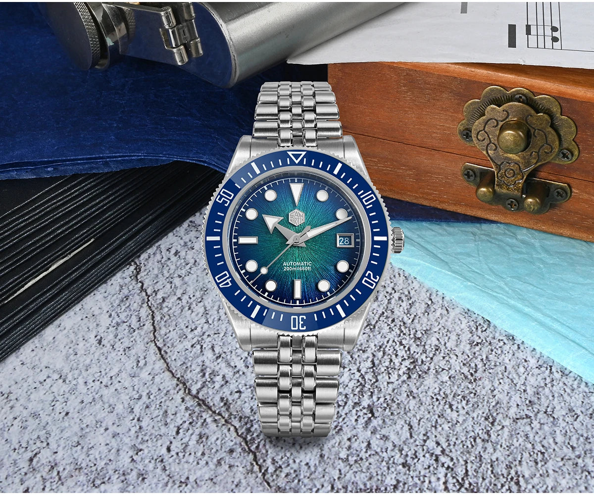 Relógio de mergulho de luxo para homem San Martin 40mm Miyota 9015, mostrador em esmalte sunburst, relógio de pulso mecânico automático, resistente à água 200m, SN0148