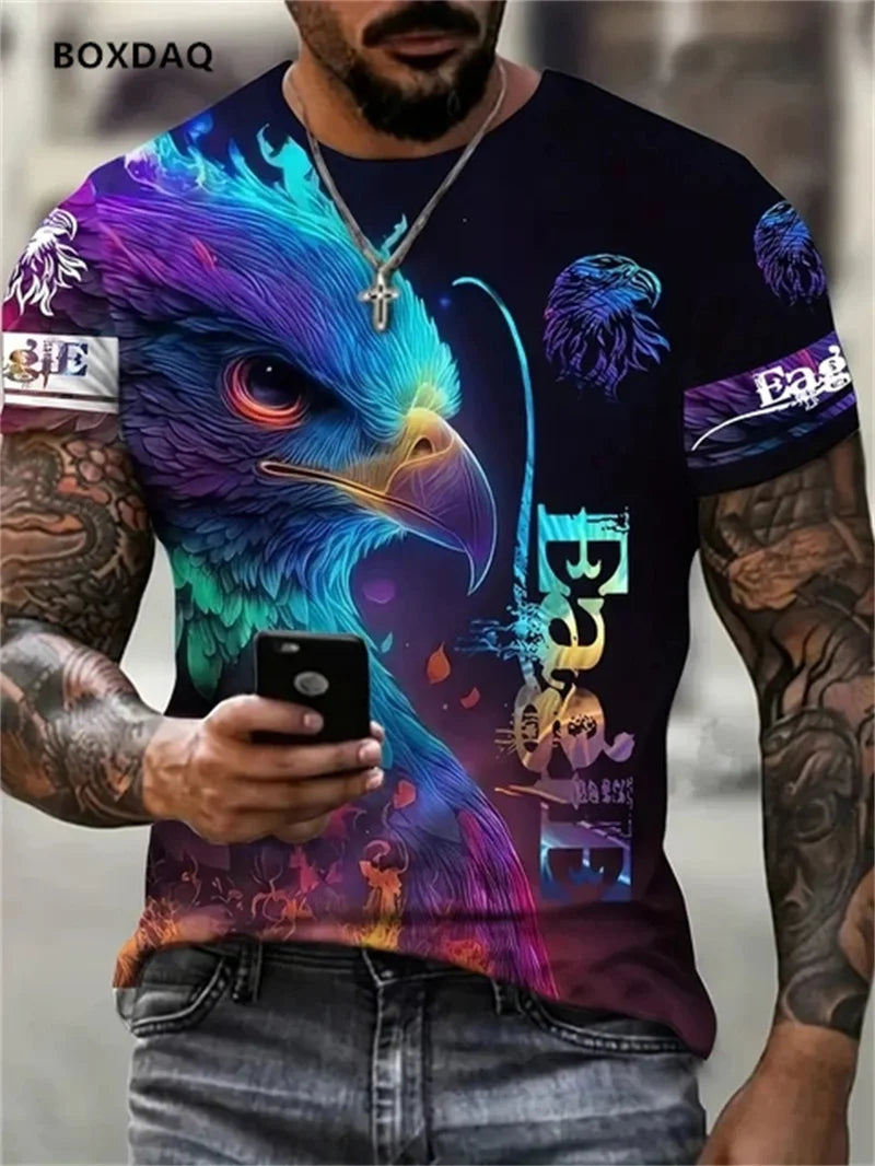 T-shirts Fashion Eagle para homem, corte largo, gola redonda, tops casuais de manga curta, estampado 3D de animal, T-shirt streetwear, tamanho grande 6XL, tee respirável