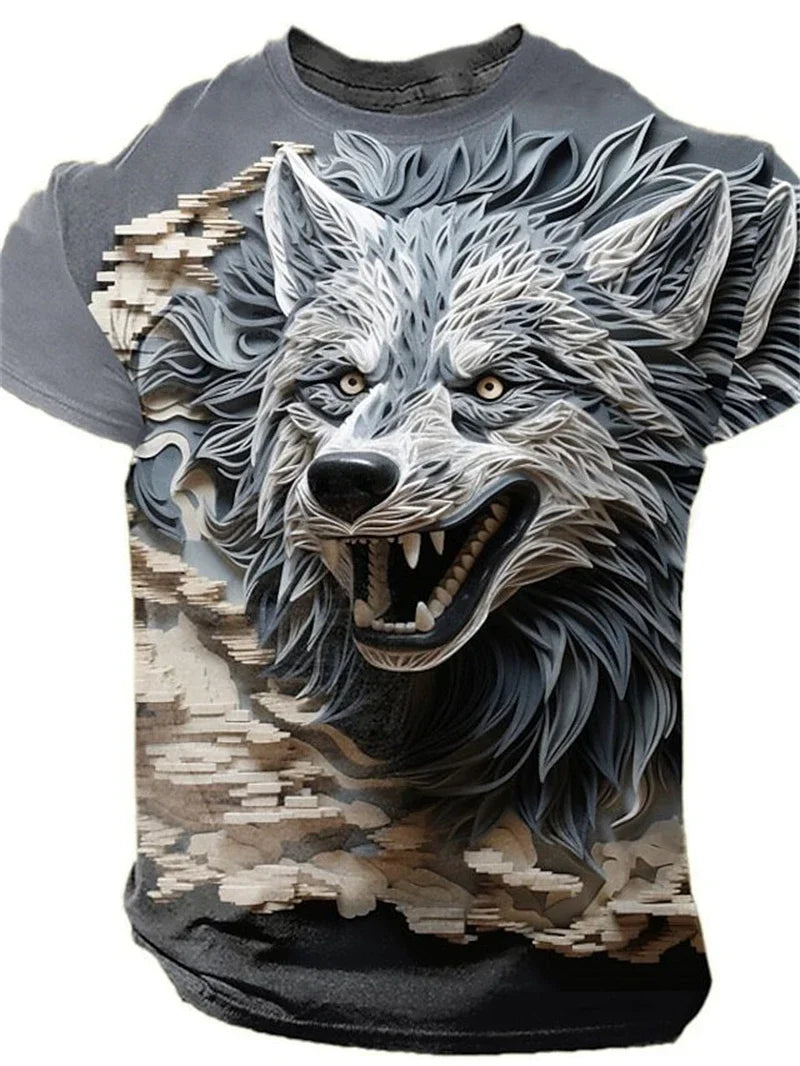 Herr-T-shirt med 3D-vargtryck, realistisk djurmotiv, rund hals, korta ärmar, snygg streetwear, avslappnad, andningsbar T-shirt
