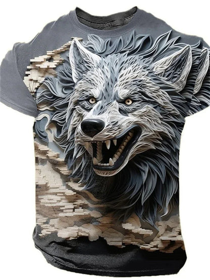 Herr-T-shirt med 3D-vargtryck, realistisk djurmotiv, rund hals, korta ärmar, snygg streetwear, avslappnad, andningsbar T-shirt